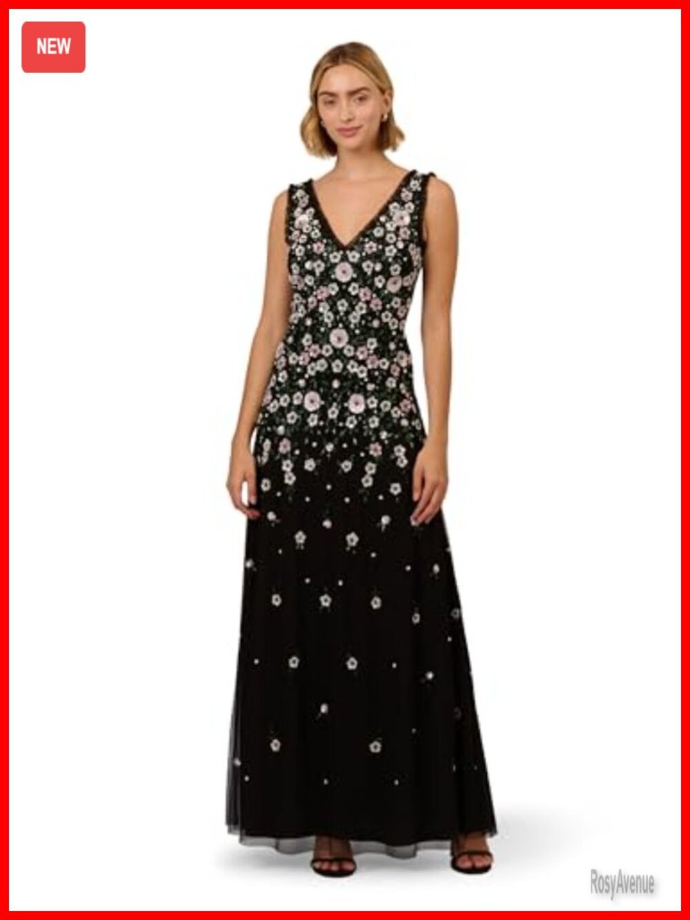 Beaded Mesh Long A-Line Formal Evening Gown Sleeveless V-Neck Dress